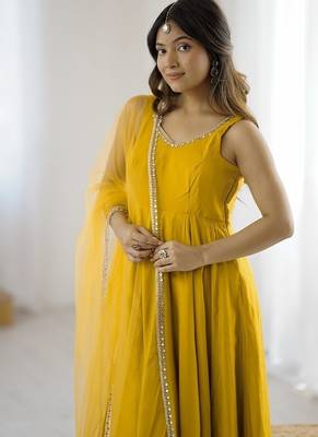 Yellow romansilk chanderi plain fully flair anarkali suit 4