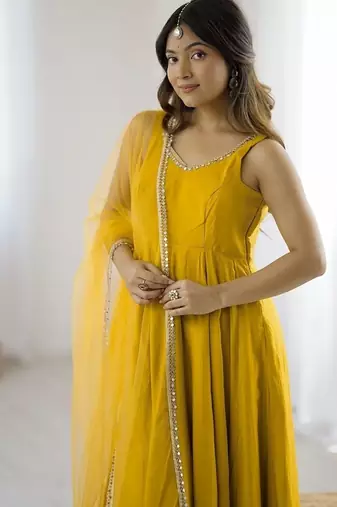 Yellow romansilk chanderi plain fully flair anarkali suit
