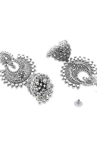 Ethnic silver oxidized indian wedding bollywood boho jhumka earrings for women 