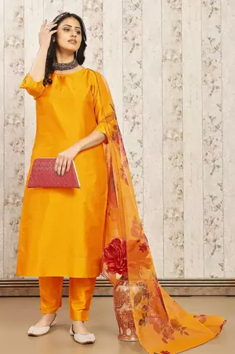 Musturd color art silk solid kurti pant with orgenza digital print dupatta