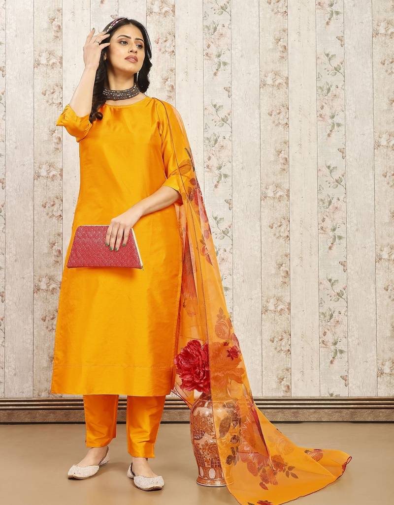 Musturd color art silk solid kurti pant with orgenza digital print dupatta