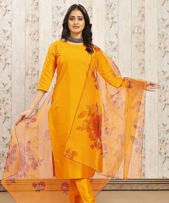 Musturd art silk blend solid kurti pant with orgenza digital print dupatta 2