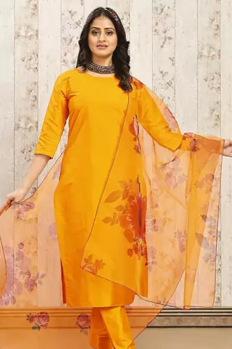 Musturd color art silk solid kurti pant with orgenza digital print dupatta
