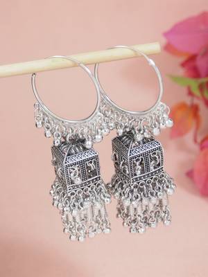 Ethnic silver oxidized indian wedding bollywood boho jhumka earrings for women (e3295ox) 1