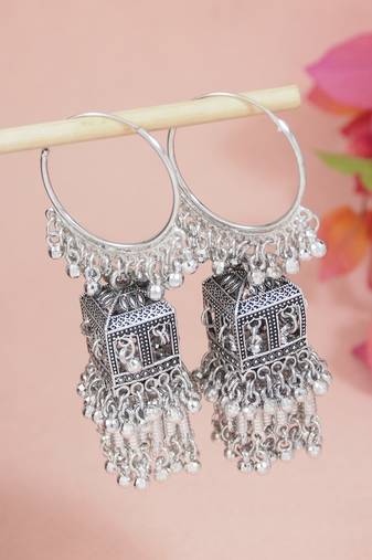 Ethnic silver oxidized indian wedding bollywood boho jhumka earrings for women (e3295ox)