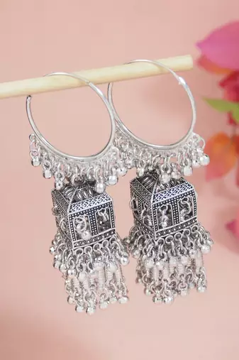 Ethnic silver oxidized indian wedding bollywood boho jhumka earrings for women (e3295ox)