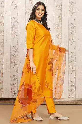 Musturd color art silk solid kurti pant with orgenza digital print dupatta