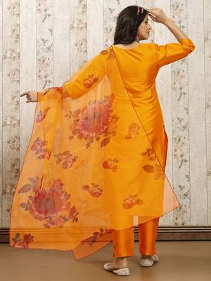 Musturd art silk blend solid kurti pant with orgenza digital print dupatta 5