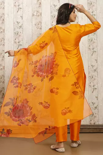Musturd color art silk solid kurti pant with orgenza digital print dupatta