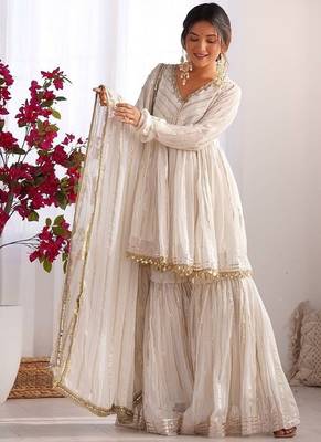 Offwhite mal chanderi with mirror & hand work sharara suit 1