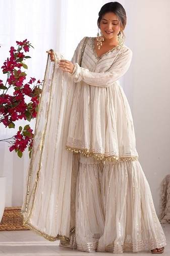 Offwhite mal chanderi with mirror & hand work sharara suit