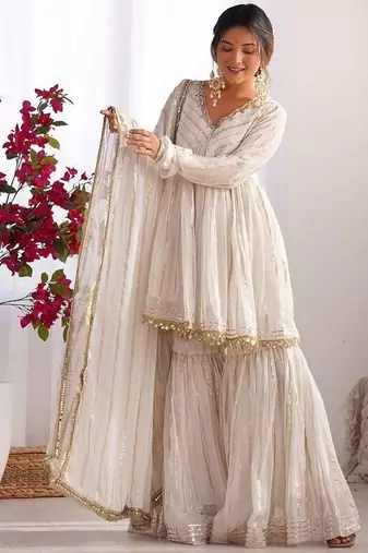 Offwhite mal chanderi with mirror & hand work sharara suit