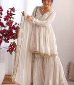 Offwhite mal chanderi with mirror & hand work sharara suit