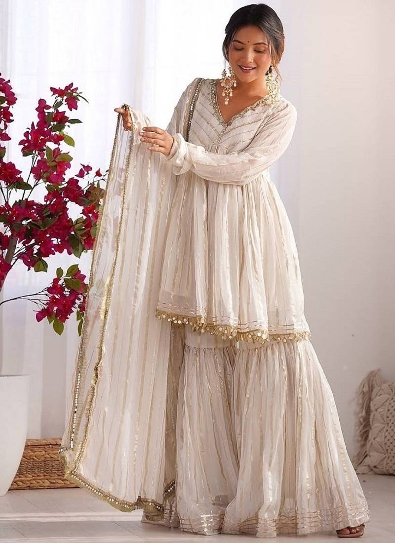 Offwhite mal chanderi with mirror & hand work sharara suit