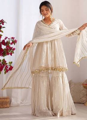 Offwhite mal chanderi with mirror & hand work sharara suit 3