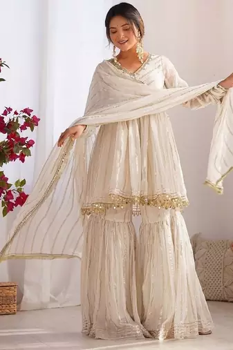 Offwhite mal chanderi with mirror & hand work sharara suit