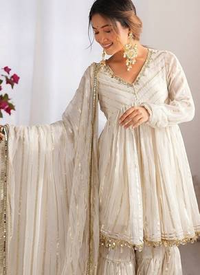 Offwhite mal chanderi with mirror & hand work sharara suit 4