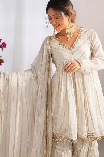 Offwhite mal chanderi with mirror & hand work sharara suit