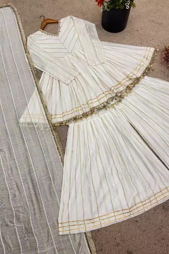 Offwhite mal chanderi with mirror & hand work sharara suit
