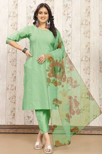 Pista color art silk solid kurti pant with orgenza digital print dupatta