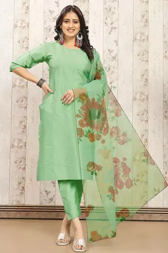 Pista color art silk solid kurti pant with orgenza digital print dupatta