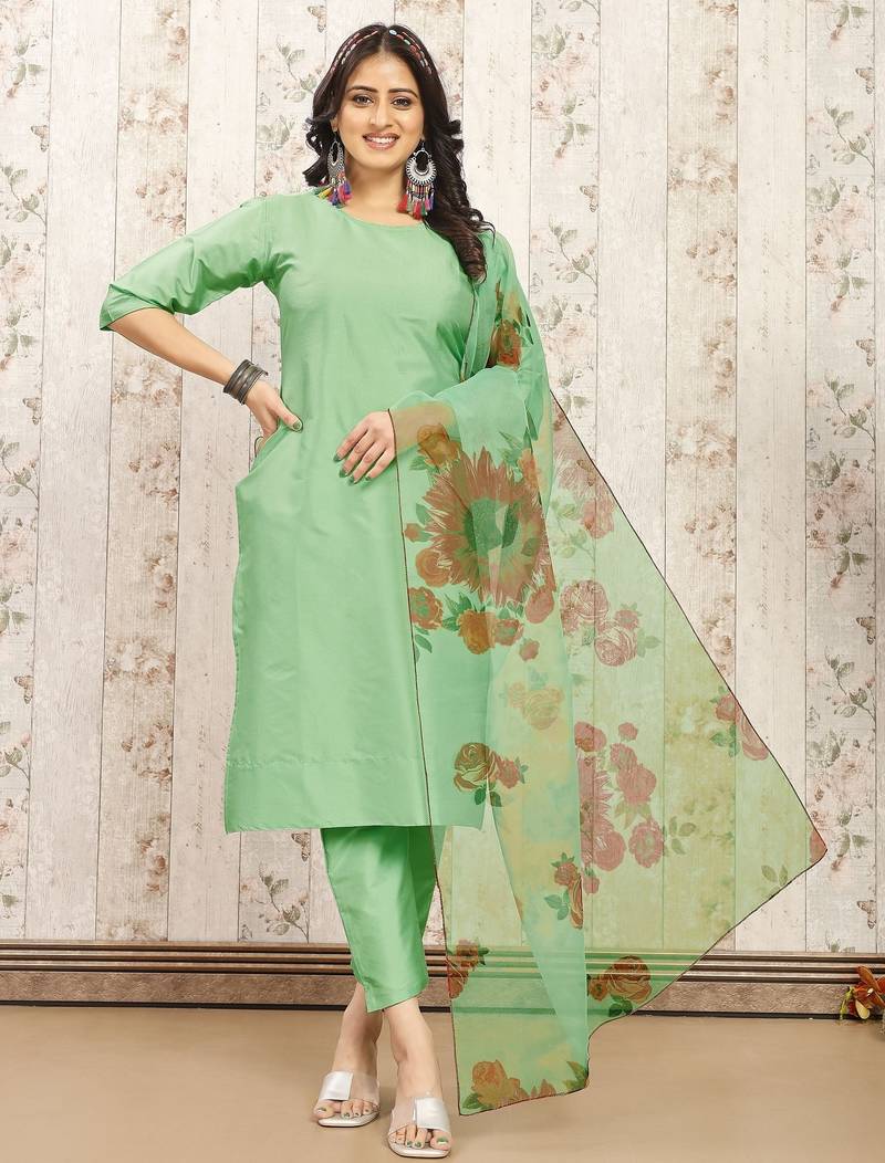 Pista color art silk solid kurti pant with orgenza digital print dupatta