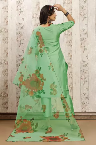 Pista color art silk blend solid kurti pant with orgenza digital print dupatta