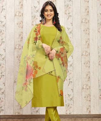 Lemon color art silk blend solid kurti pant with orgenza digital print dupatta 1