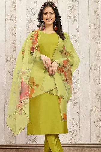 Lemon color art silk solid kurti pant with orgenza digital print dupatta