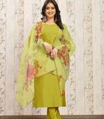 Lemon color art silk solid kurti pant with orgenza digital print dupatta