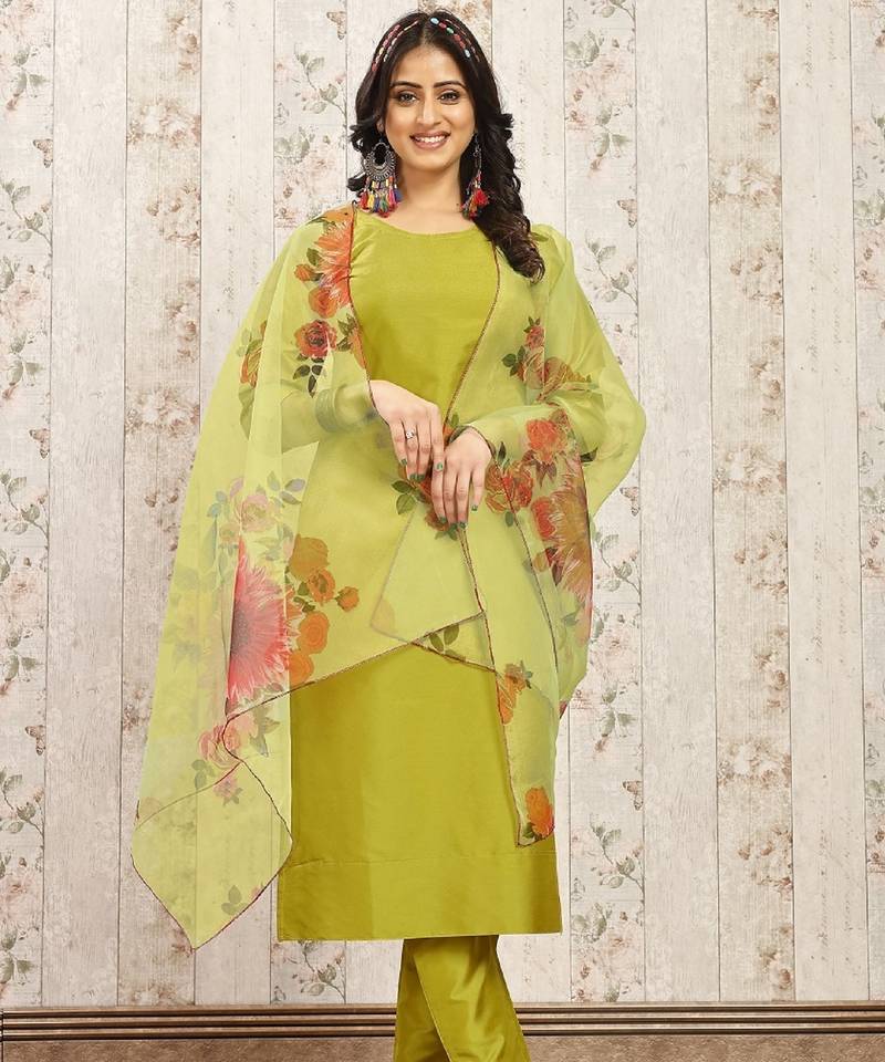 Lemon color art silk solid kurti pant with orgenza digital print dupatta
