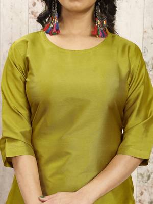 Lemon color art silk blend solid kurti pant with orgenza digital print dupatta 2