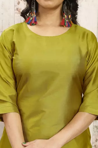 Lemon color art silk blend solid kurti pant with orgenza digital print dupatta