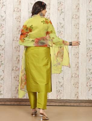 Lemon color art silk blend solid kurti pant with orgenza digital print dupatta 3