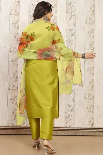 Lemon color art silk blend solid kurti pant with orgenza digital print dupatta