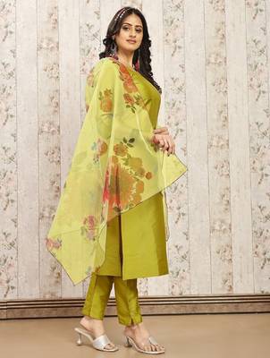Lemon color art silk blend solid kurti pant with orgenza digital print dupatta 4