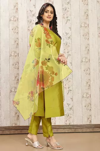 Lemon color art silk blend solid kurti pant with orgenza digital print dupatta
