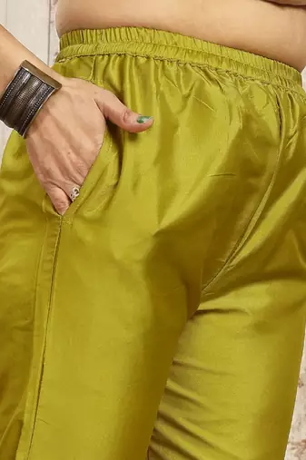 Lemon color art silk blend solid kurti pant with orgenza digital print dupatta