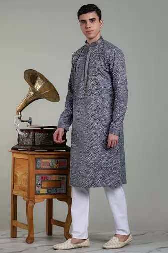 stylish mens cotton linen embroidery kurta pyjama
