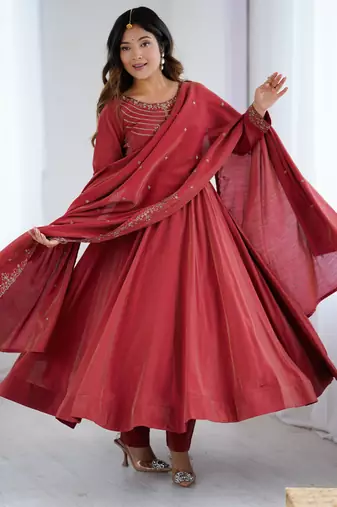 Scarlet Radiance     Flowing Anarkali Dress with Embroidered Dupatta