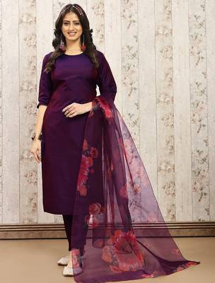 Purple color art silk solid kurti pant with orgenza digital print dupatta 1