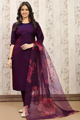 Purple color art silk solid kurti pant with orgenza digital print dupatta