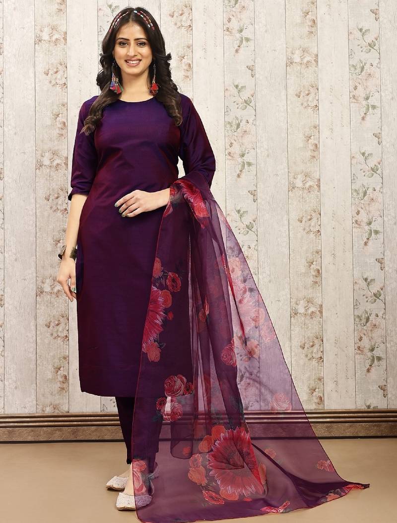 Purple color art silk solid kurti pant with orgenza digital print dupatta