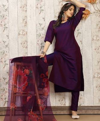 Purple color art silk solid kurti pant with orgenza digital print dupatta 2