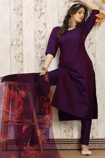 Purple color art silk blend solid kurti pant with orgenza digital print dupatta