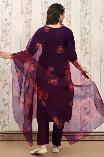 Purple color art silk blend solid kurti pant with orgenza digital print dupatta