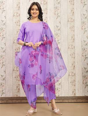Levender color art silk blend solid kurti pant with orgenza digital print dupatta 1