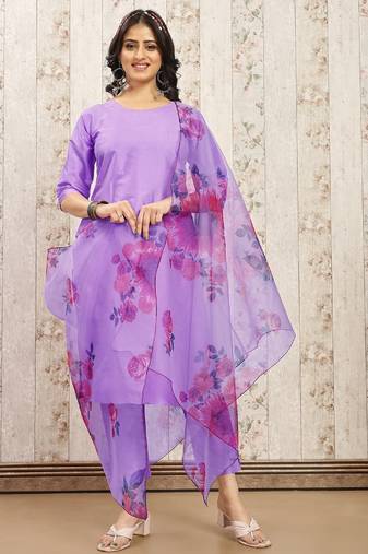 Levender color art silk solid kurti pant with orgenza digital print dupatta