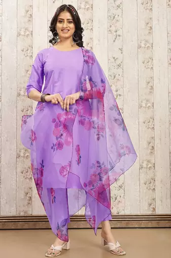 Purple color art silk solid kurti pant with orgenza digital print dupatta