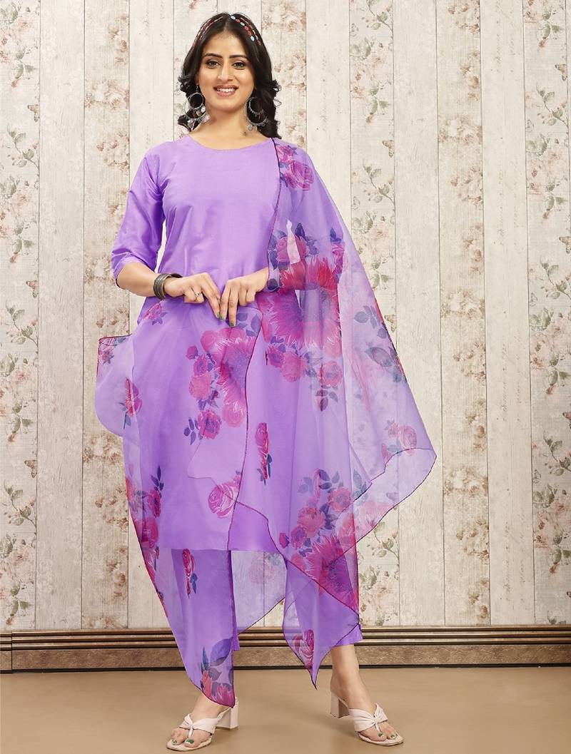 Purple color art silk solid kurti pant with orgenza digital print dupatta